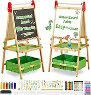 FUNLIO Art Easel for Kids Aged 2-8, Anti-Warp Board & Erasable Frame, Toddler Painting Easel with Magnetic Chalkboard/Whiteboard, 3 Heights Adjustable, All-in-One with Paper Roll - Green