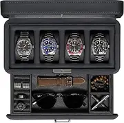 ROTHWELL 4 Slot Leather Watch Box with Valet Drawer - Luxury Watch Case Display Jewelry Organizer, Locking Watch Display Case Holder with Real Glass Top - Watch Box Organizer for Men & Women (Carbon)