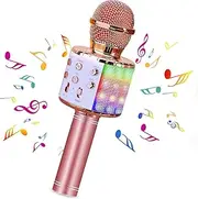 Beedove Wireless Karaoke Microphone, 5 in 1 Portable Handheld Bluetooth Microphone for Kids Adults with LED Lights, Professional Karaoke Mic Speaker Player Recorder for Phone/Android/TV (Pink)