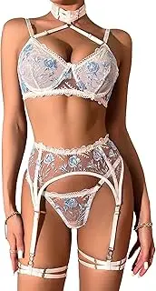 [Zylphorix] Women's Elegant White & Blue Floral Lace Lingerie Set - Sheer Strappy Bra with Matching High-Waist Garter Thong