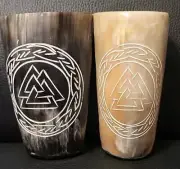 Viking Drinking Horn Cups Norse Valknut Inspire Carved Wine Beer Glass Set of 2