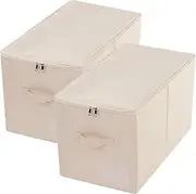 [iwill CREATE PRO] Pack of 2, Zip Lidded Wardrobe Storage Bins,Collapsible Fabric Storage Boxes for Clothing, Bedding, Toys, Blankets Organizer, Foldable & Washable, Beige