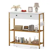 Costway Hallway Console Table w/Charging Station 2 Drawers & Metal Mesh Shelves Entry Side Table