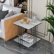 Marble Top Side Table Black: 2 Tier Square White End Tables 44.5x44.5x55.5cm Sintered Stone Marbles Tabletop Modern Small Bedside with Metal Black Legs Nightstand Sofa Accent Table Home Furniture