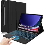 QYiiD Backlit Touchpad Keyboard Case for Galaxy Tab S9 Plus 12.4 Inch 2023 (SM-X810/X816B/X818U) with S Pen Holder, PU Leather Stand Cover with Backlight Bluetooth Keyboard for Tab S9 Plus, Black