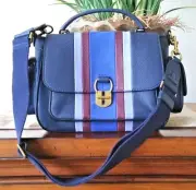 TORY BURCH MULTI STRIPE CAMERA/CROSSBODY BAG TORY NAVY LEATHER NWT + DUST BAG