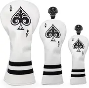 Golf Ace Wood Club Headcover Head Cover Protective - 3pcs or 1pc Golf Headcover - Golf Driver Headcover/Fairway Woods Cover/Hybrid Rescue Headcover - White Leather Golf Club Cover for Men Golfer