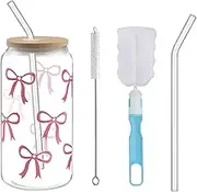 XINGNA Glass with Lid and Straw, Drinking Glasses with Lid and Straw, Iced Coffee Glass, Cocktail Glasses, Versatile for Smoothies, Coffee, Cocktails (Pink Bow, 16 oz)