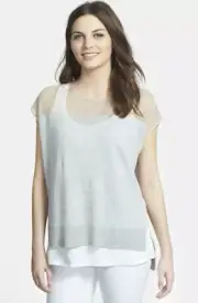 Eileen Fisher Delave Linen Contrast Yoke Bateau Neck Top Pearl L NWT $238