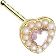 [Pierced Owl] 20GA Gold Plated 316L Stainless Steel Faux Pearl Outlined CZ Crystal Heart Nose Bone Stud, 20GA, Metal, cubic zirconia