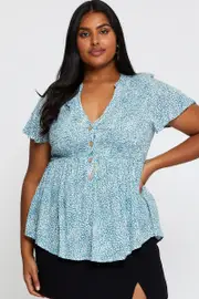 Geo Print Shirred Shirt Short Sleeve