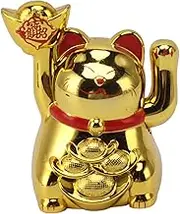 Solar Powered Maneki Neko Lucky Cat, 2inch Waving Arm Chinese Lucky Money Cat Ornament, Cat Statue, for Home Car Ornaments (Gold)