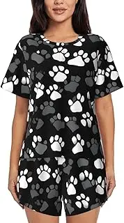 [JEJEA] Black and white Paw Print print 2 Piece Womens Pajama Set With Pockets Ladies Pjs Summer Sleepwear Set Round Neck Short Sleeve