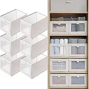 NCOIIBF 6 Large Beige Linen Storage Bins with See-Through Window, Clothes Organiser Boxes, 41cm Foldable Cube Storage Boxes, Closet Storage Baskets for Organizing Clothing, Home Storage Containers