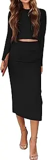 [Teepie] Women's 2 Piece Sweater Set Rib Knit Long Sleeve Crop Top Midi Bodycon Skirt Matching Sets