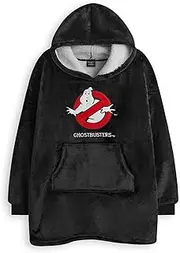 [Ghostbusters] Ghost Busters Kids Wearable Blanket Hoodie | Childrens Hooded Sherpa Fleece Pullover in Black with Ghost Busters Logo, Multicoloured, One Size