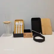 Bento Box Wheat Fiber Box With Utensils, Glass Straw And Drinking Glass New