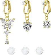 [DJCIW] 3pcs Fake Belly Button Ring Clip On Belly Button Piercing Heart Butterfly Pendant Navel Piercing Surgical Steel Fake Ring for Women Navel Non Belly Piercing