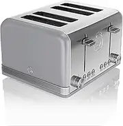 Swan ST19020GRN Retro 4-Slice Toaster with Defost/Reheat/Cancle Functions, Cord Storage, 1600W, Retro Grey