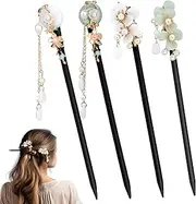 Hariendny 4 Pack Japanese Hair Pins Wooden Hair Chopsticks for Long Hair, Flower Hair Sticks Pins for Women Buns, Chinese Retro Tassel Wooden Hairpins Traditional Wood Hair Pins for Girls