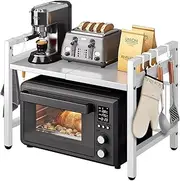 Joiena Extendable Microwave Oven Rack Black, Adjustable Microwave/Toaster Shelf Heavy Duty Stand Kitchen Counter Top Organizer, 2-Tier with 6 Hooks (White)