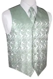 MEN'S SAGE PAISLEY TUXEDO VEST, TIE, HANKIE FORMAL DRESS WEDDING PROM HOMECOMING