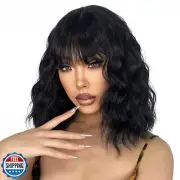 LINGHANG Short Black Wig with Bangs, Short Black Natural Wavy Wigs for Women,