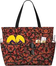 [Ghjkfbf] Monarch Butterflies Print Large Capacity Beach Travel Bag For Family, Beach Tote Bag For Women With Zipper Pockets, Black, One Size