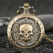 Retro Bronze Style Skull Analog Quartz Pocket Watch Necklace Chain Mens Boy Gift