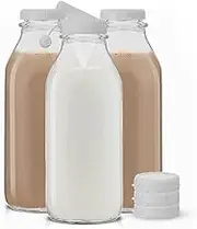 JoyJolt Glass Milk Bottle with Lid AND Pourer Multi-Pack. 32 Oz Reusable Glass Bottles with 6 Lids! Glass Milk Jug Pitcher,Buttermilk,Water or Juice Bottles with Caps,Syrup,Honey or Sauce Container