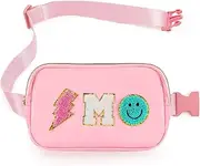 [PainZieteg] Fanny Pack for Girls Crossbody Bag, Preppy Nylon Kids Belt Bag for Birthday Christmas Graduation Personalized Gifts, Pink Chenille Letter for Women Teen Girls Fanny Pack, Light Pink, 7.6'' L X 4.7'' W