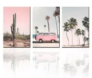 3 Panel Canvas Modern Pictures 4 Living Room Beach Palm Trees Pink Photo Summer