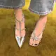 miu涼鞋女2023年新款夏季包頭尖頭單鞋性感仙女銀色水鉆小高跟鞋