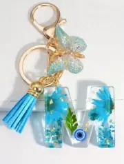 KEYRING M Key Chain Royal Blue & Flowers Butterfly Bag Charm Tassel Keyring A100