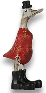 ART-CRAFT Wooden Duck Running Duck Garden Decoration Figure Made of Bamboo Root and Teak Wood with Boot and Hat Antique Red 25 cm High