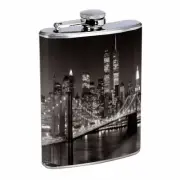 New York City Skyline At Night D440 Flask 8oz Stainless Steel Black and White