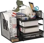 Desk Organiser, Letter Trays with File Holder, 4-Tier Desk File Folder with Drawer and Pen Holder, Mesh Desk Organiser and Accessories with Magazine Holder (Black)