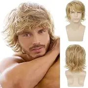 Generic Mens Blonde Wig Short Fluffy Layered Curly Synthetic Hair Wig for Male Adults