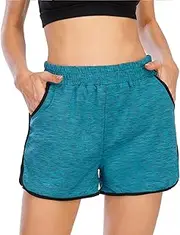 [Tignapoo] Women Running Shorts 2 in 1 Yoga Gym Sports Training Active Shorts with 2 Side Pockets Blue