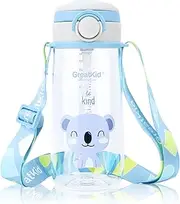500ml Kids Straw Water Bottle with Scale Line & Shoulder Strap,Leak-proof Tritan BPA Free Drink Bottle for School Outdoor Sports and Travel,(Blue)