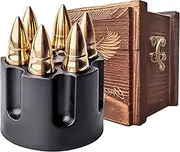 GOLDEN WHISKEY STONES EXTRA LARGE 6 PCS. STAINLESS STEEL BULLETS with Revolver Barrel Base Laser Engraved Ice Cubes Chillers Reusable Chilling Rocks Stone Gift Set for Men Father's Day Military Man.