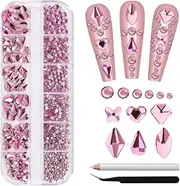 Crystal Nail Art Rhinestones Kit, 1060Pcs Nail Rhinestones Crystal Clear Flatback Rhinestones Round Beads Glass Gems Stones Nail Art Diamonds Jewels Multi Shapes Nail Charms