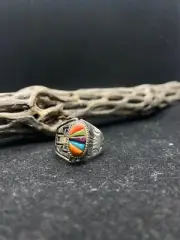 Navajo inlay multicolor / multi stone Sterling Silver adjustable Ring Size 8.5