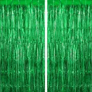 Green Fringe Curtains Backdrops 2 Pack, Large Foil Fringe Curtains Door Streamer