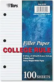 Tops Notebook Filler Paper, College Ruled, 8.5 x 5.5 Inches, Hole Punched, Heavyweight, 100 Sheets/Pack (62304)