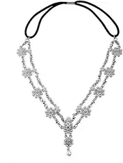 Crystal Flower Headband, Silver Chain Design, Rhinestone Floral Hair Accessory with Elastic Band