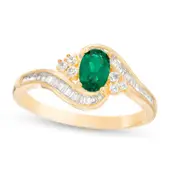 Oval Emerald and 0.33 CT. T.W. Natural Diamond Tri-Sides Bypass Ring in Solid 10K Yellow Gold