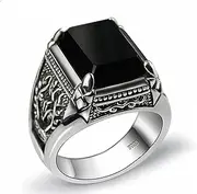 [Generic] Sterling 925 Silver Black Zircon Ring,Engraved Flower Men Thai Silver Jewelry Synthetic Onyx