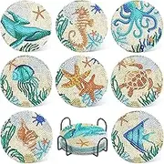 Ocean Diamond Art Painting Coaster Kit, 8Pcs DIY Crafts Kit with Holder, Non Slip Coaster Art Supplies for Adults, Ideal Gift