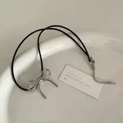 Bow Pendant Necklace Necklace - Faux Leather - Black - One Size